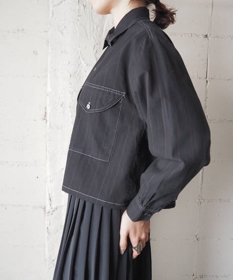 Remake White Stitch Stripe Short Shirt BK