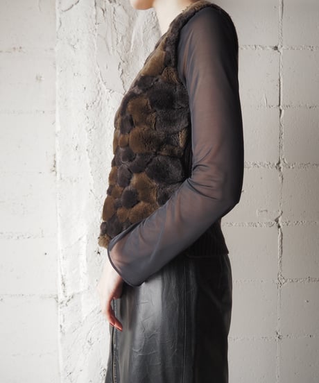 Fake Fur×Rib Knit Vest DBR