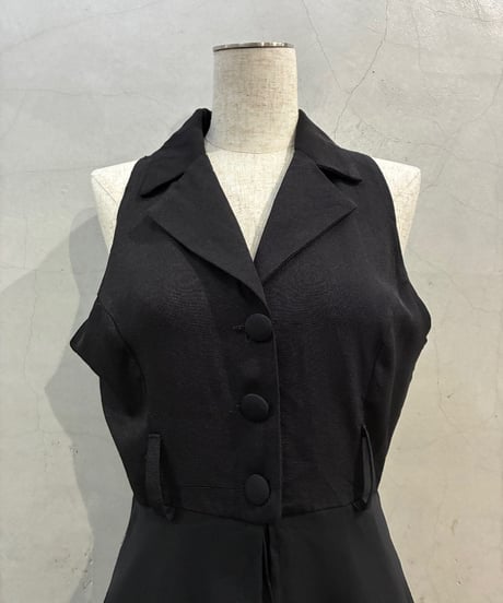 N/S Sheer Layered Open Collar Jumpsuit BK