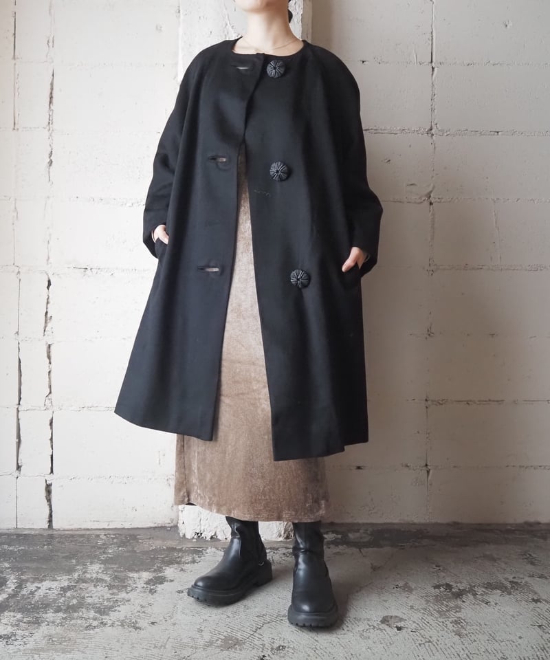 1950~60's Vintage Big Button Long Wool Coat BK