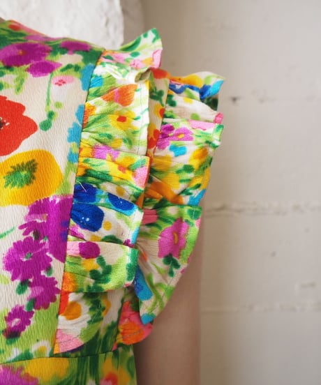 1970's Flower Pattern Frilled French Sleeve Dress WHPI