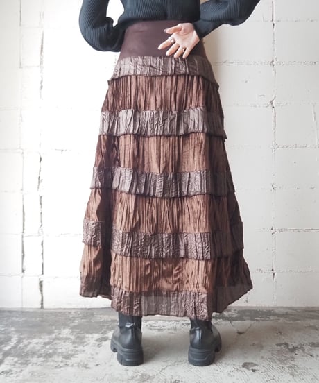 Knit Waist Velour×Satin Tiered Skirt DBR