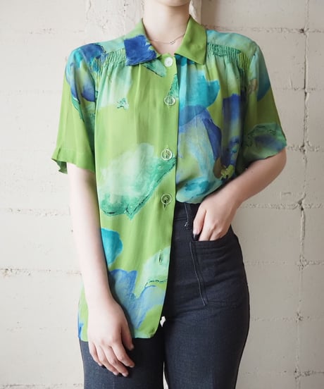 1980's Flower Pattern Seethough S/S Blouse GR