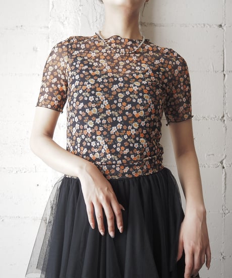 S/S Flower Pattern Sheer Tops BKOR
