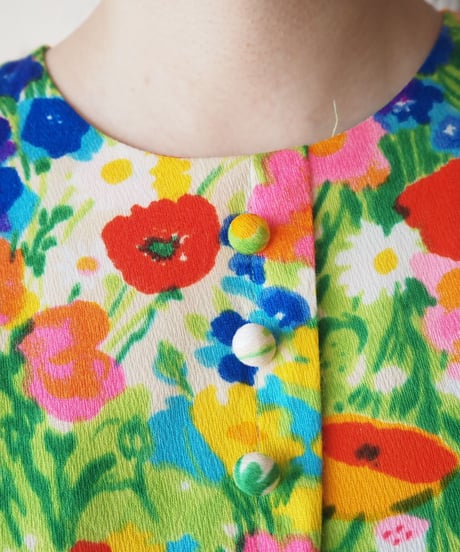 1970's Flower Pattern Frilled French Sleeve Dress WHPI