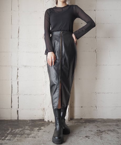 Front Zip Up Leather Tight Skirt BK