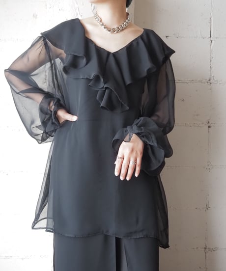 Sheer Ruffled Big Blouse BK