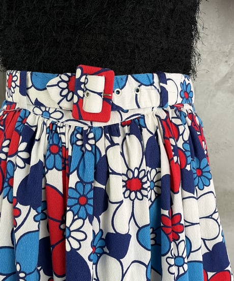 Flower Pattern Belted A Line Skirt BLRE