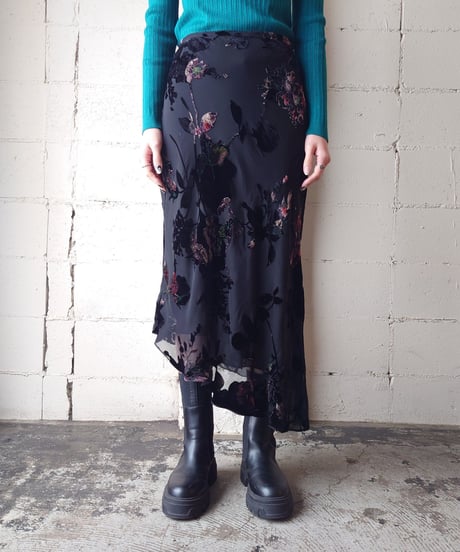 Seethough×Velour Flower Pattern Skirt BK