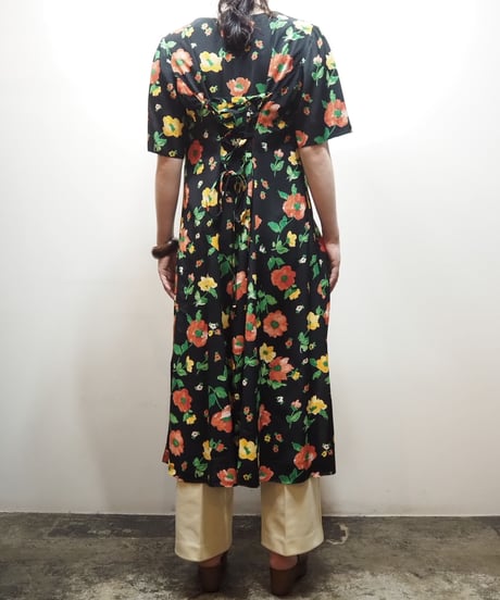 Flower Pattern Back Lace up Dress BK
