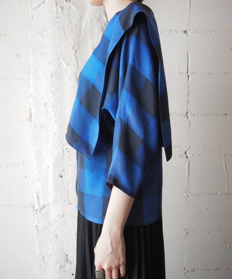 Asymmetric Square Collar Block Check Blouse BLNV