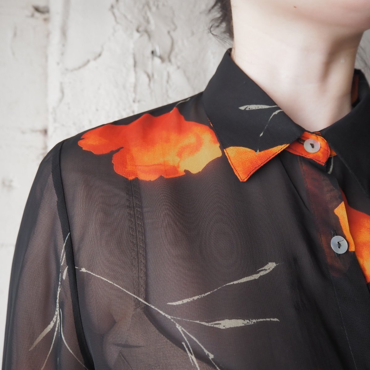 Flower Print Sheer Shirt BKOR | Orfeo