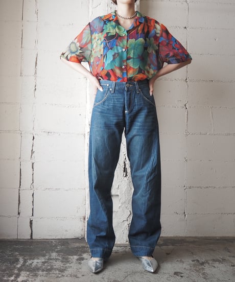 s/s Open Collar Paint Flower Pattern Sheer Shirt BK GN RE