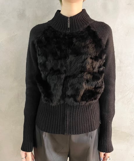 Fur × Rib Knit Zip Cardigan BK