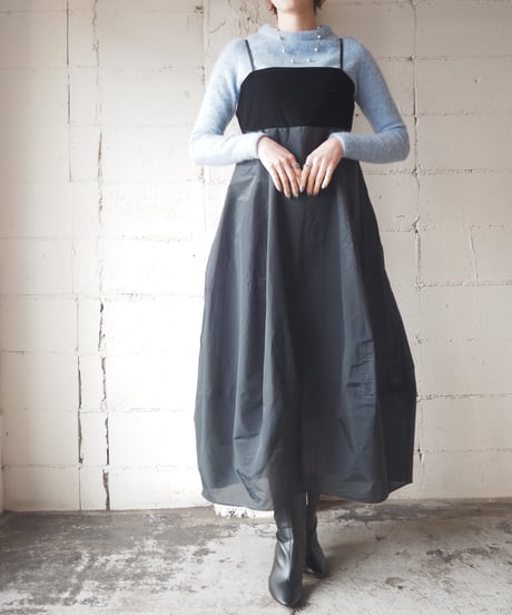Velour × Nylon Balloon Camisole Dress BK