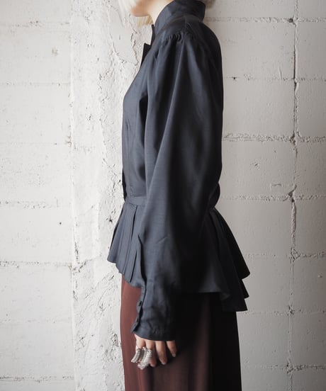 1980's Euro Pleated Peplum Stand Collar Shirt BK