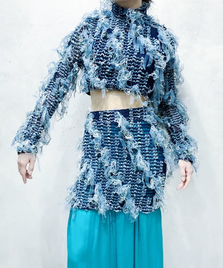 Fringe Tulle Textured　Mock Neck Short Tops BL