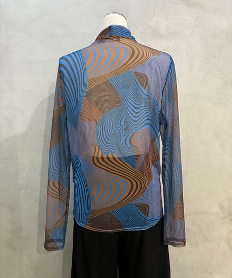 Mock Neck Geometric Pattern Sheer Tops BLBR