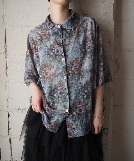 1970's Impressionist Floral Print Short Sleeve Blouse GN