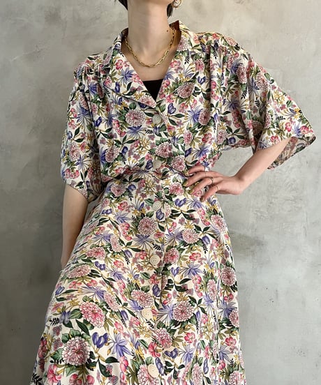 Flower Pattern Open Collar Dress WHPI