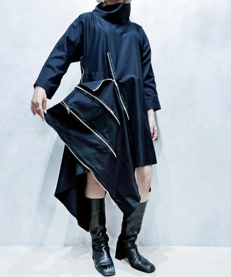 Zip Design High Neck Dress BK