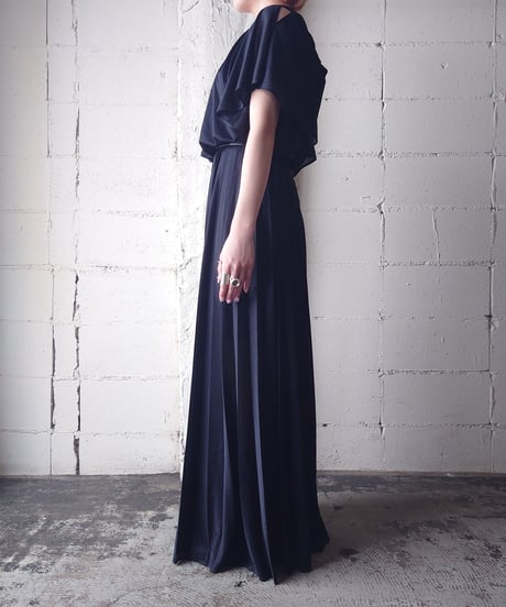 1970's Open Shoulder Pleated Skirt Dress BK
