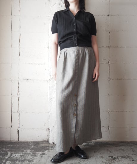 FLAX by Jeanne Engelhart Stripe Linen Long Skirt BL GR