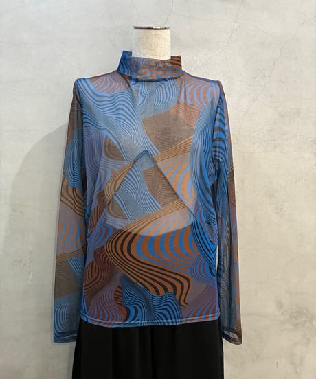 Mock Neck Geometric Pattern Sheer Tops BLBR