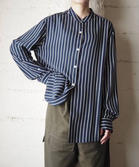LAUREN Stripe Band Collar Shirt NVWH