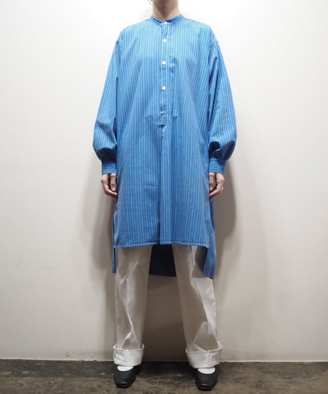 1940〜50's EURO Band Collar Stripe Grandpa Shirt BL