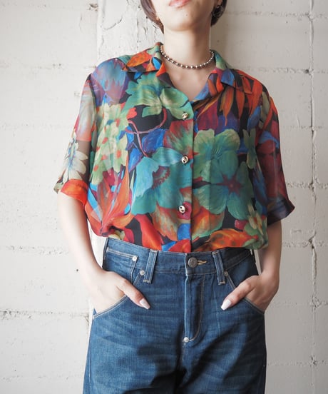 s/s Open Collar Paint Flower Pattern Sheer Shirt BK GN RE