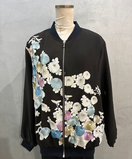 Flower Embroidery Zipup Blouson BK