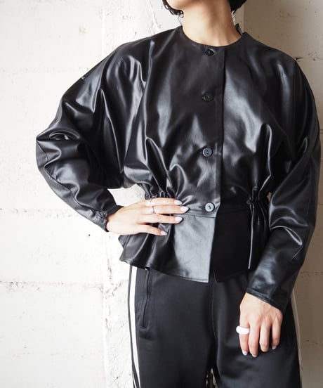 Waist Gather Collarless Satin Jacket BK