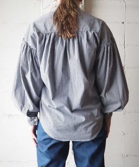 Open Collar Volume Sleeve Check Shirt BKWH