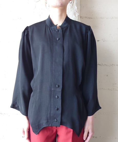 Stand Collar Tuck Sleeve Blouse BK