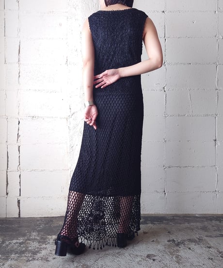 Fringe Hem Crochet Sleeveless Dress BK