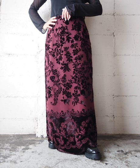 Velour × Sheer Botanical Pattern Tight Skirt BUR