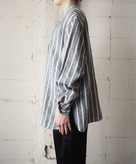 Band Collar Linen Stripe Shirt WHGR