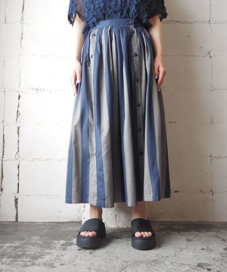 Side Button Stripe Flared Skirt NVGR