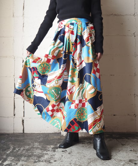 Marine  Pattern Flared Skirt BKBLRE