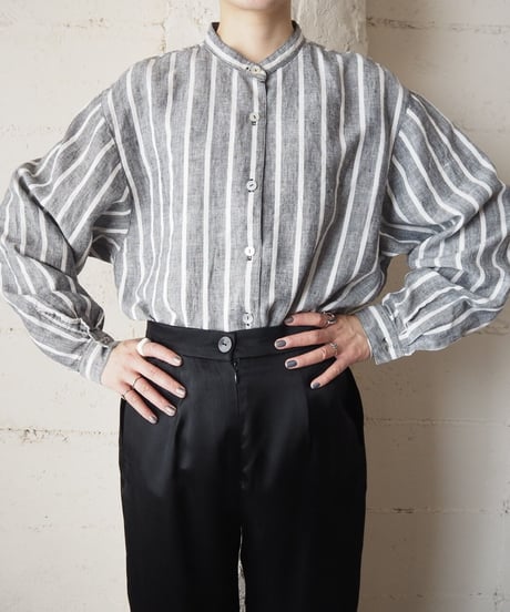 Band Collar Linen Stripe Shirt WHGR