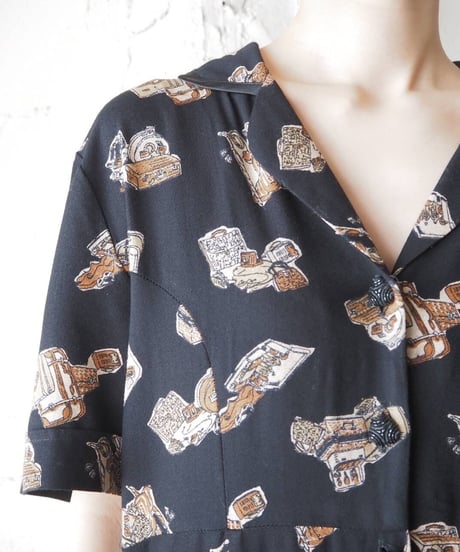 Open Collar Pattern Shirt Dress BK BR