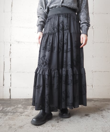 Velour Pattern Tiered Skirt BK