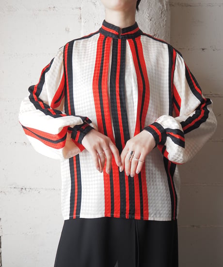 Tricolor Stripe Stand Collar Silk Blouse WHBKRE