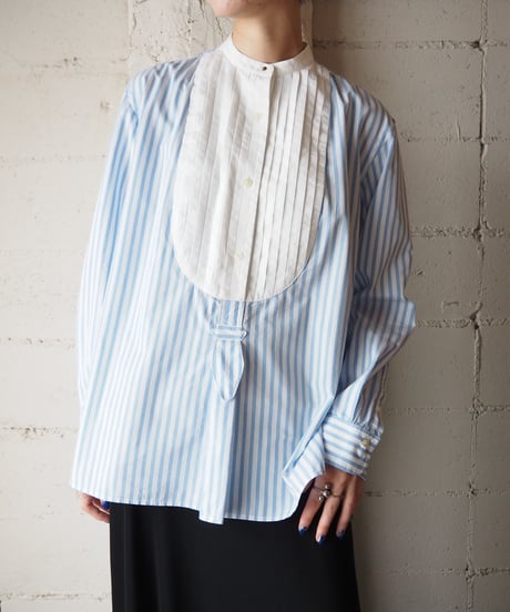 LAUREN Front Pleated Stripe Shirt BLWH