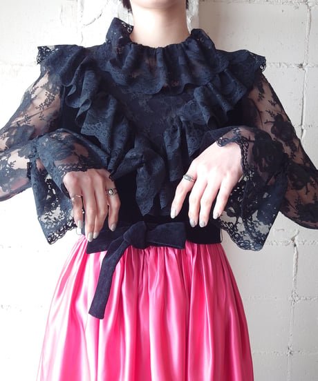 Lace×Satin×Velour Frilled Dress BKPI