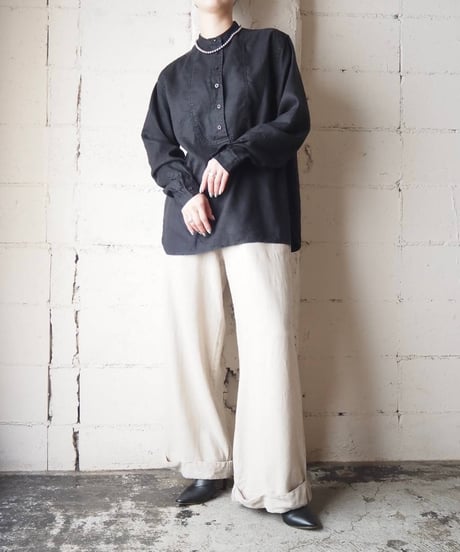 LAUREN Band Collar Linen Pullover Shirt BK