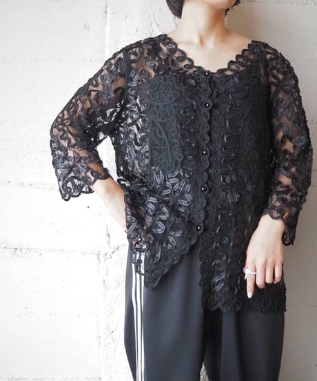 Tape Embroidery Sheer Blouse BK