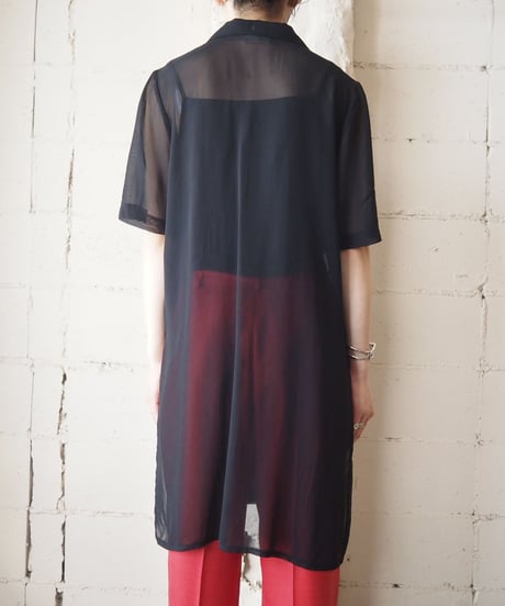 Open Collar Seethrough Long Shirt BK