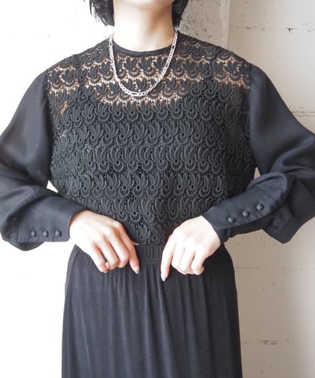 1950-60s LacexSheer Collarless Blouse BK